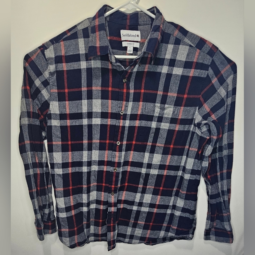 Saddlebred Mens Long Sleeve Button Down Plaid Shirt Size XL Cotton Blue Gray Red